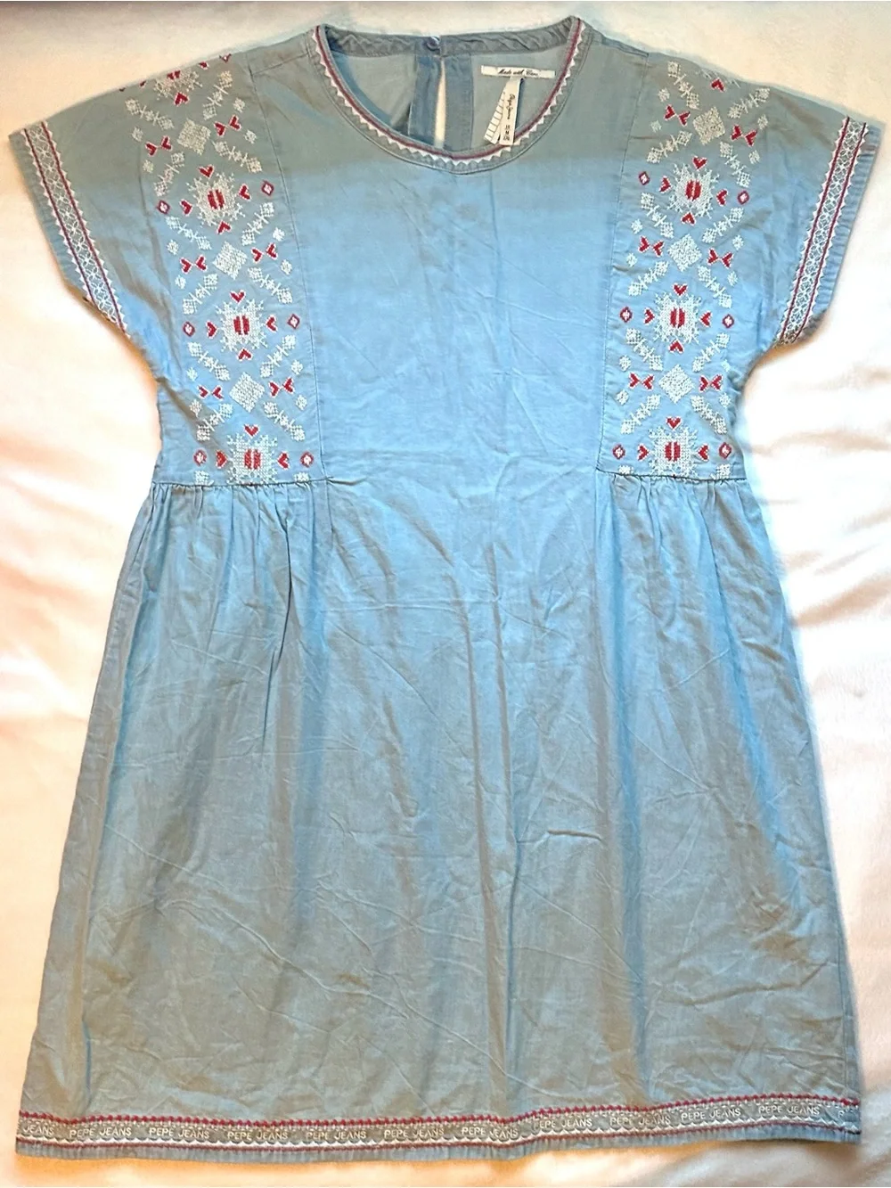 Pepe Jeans Jane Blue Denim Shift Dress 16 Girls Red White Embroidered Aztec
